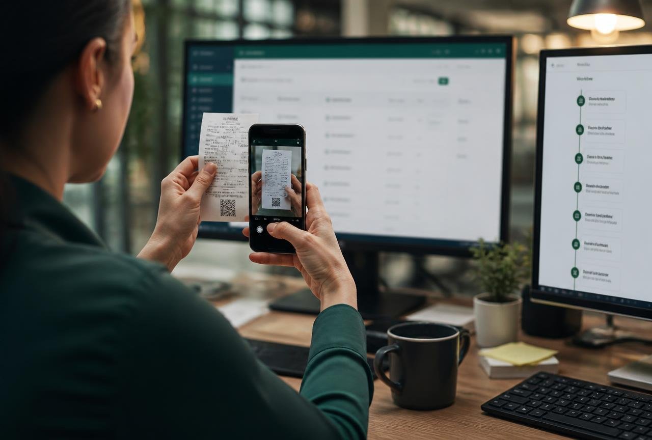 Finance manager capturing a paper receipt with an expense management mobile app while an approval workflow runs on the desktop screen