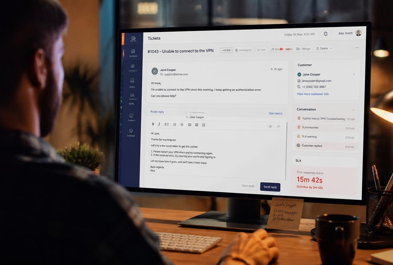 Support agent replying to a customer ticket with an SLA countdown timer visible on screen