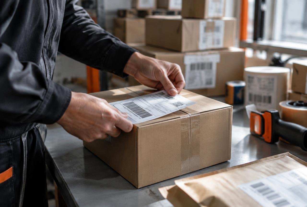Warehouse worker applying a printed carrier label to a cardboard parcel at a packing bench
