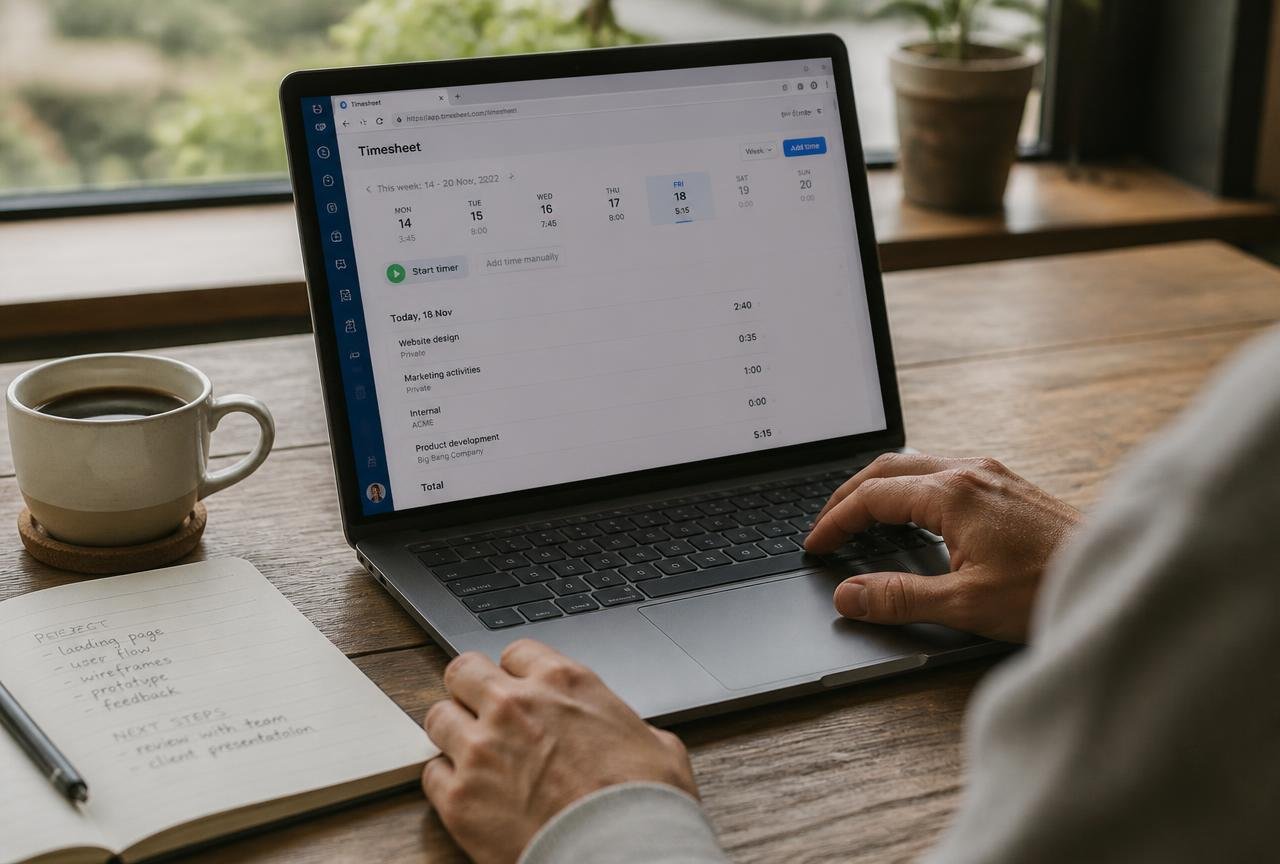 Close-up of a freelancer starting a timer in a timesheet app on a laptop beside a notebook of project notes